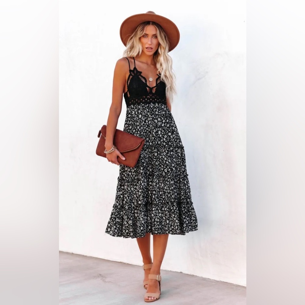 Vici Let It Be Tiered Floral Lace Midi Dress